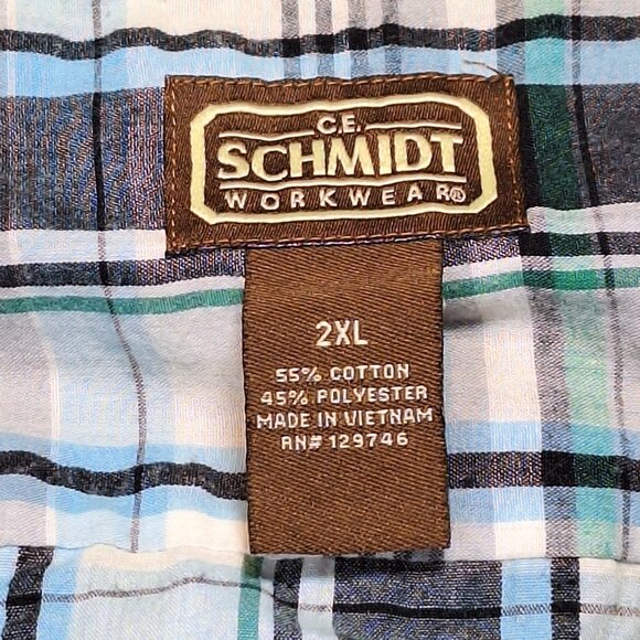 Schmidt Workwear Shirt Mens 2XL Blue Brown Plaid Long Sleeve Button Down - Picture 7 of 7